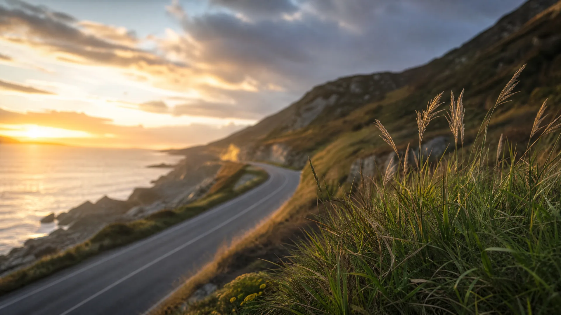 A two-lane coastal road curves along a grassy hillside above the sea at sunset, with tall grass seed heads in the foreground and clouds over the water.